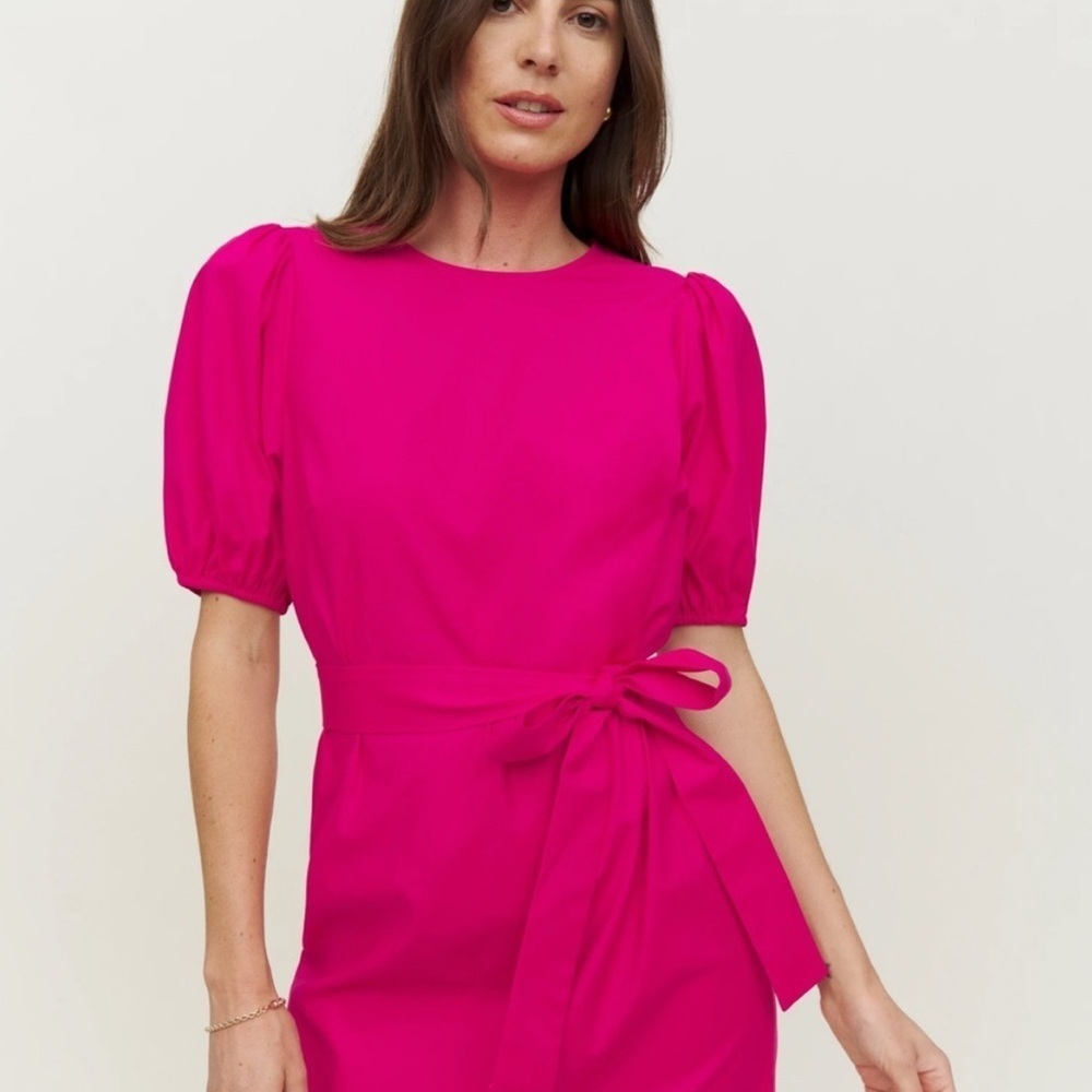 New Reformation Rita Puff Sleeve Belted Midi Dress in Corvette Pink | S - Picture 2 of 11